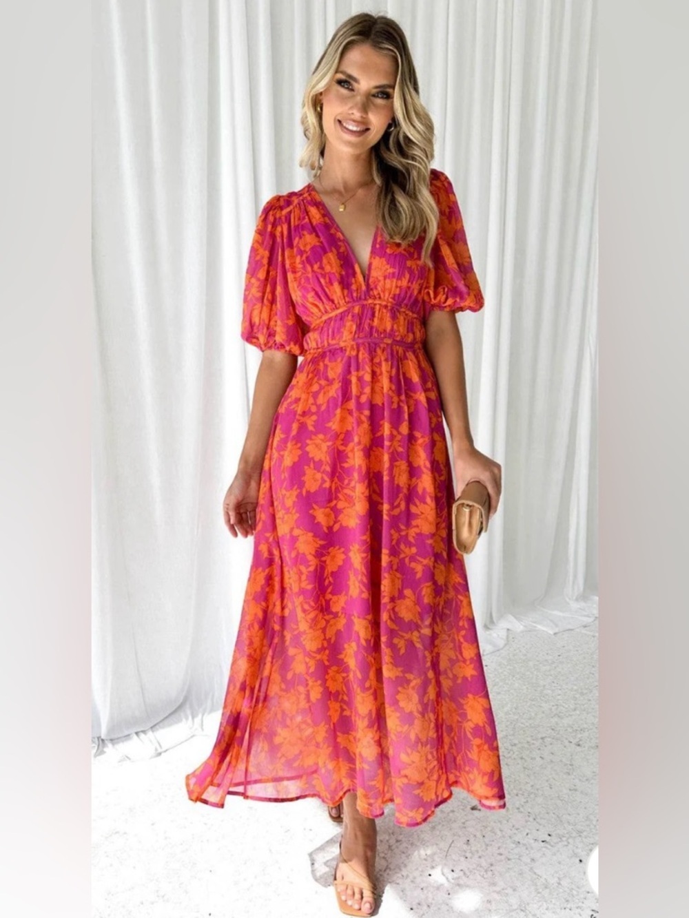 FLORAL MIDI DRESS FOR SUMMER GATHERINGS size: S color: pink-orange floral print